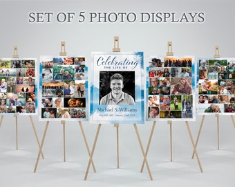 Collage funebre Blue Sky Clouds Poster Set di 5 / Poster commemorativo per funerale / Modello collage fotografico / Celebrazione della vita Segno F117