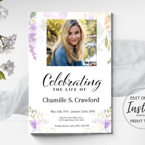 Editable  Funeral Program Template for Woman | Obituary Template | Purple Floral Celebration of Life Memorial Program | A105