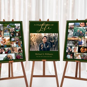 Green Funeral Photo Collage Sign Set Template | Black and Gold Memorial Posterl | Funeral Welcome Sign | Celebration of Life Sign | C177