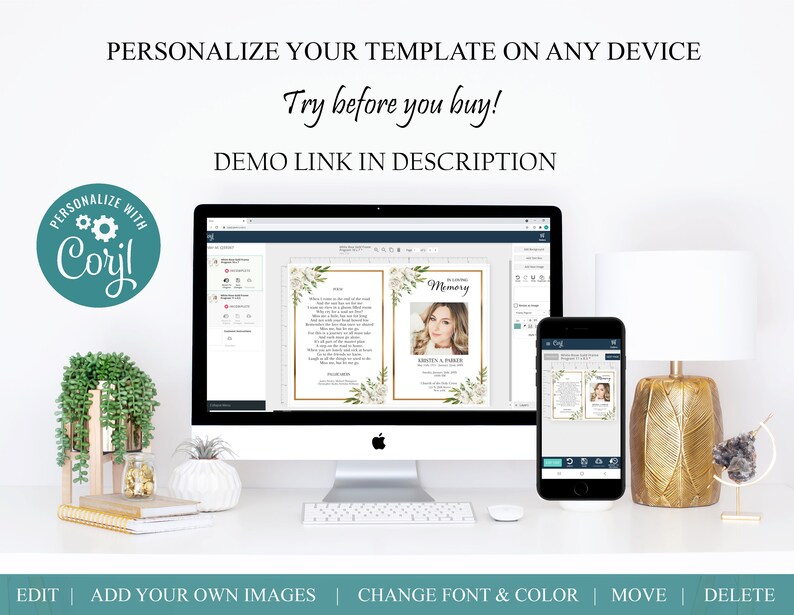 Op de afbeelding: Een computerscherm en een smartphone tonen een mockup van een afdrukbare rouwkaart sjabloon met een bloemenontwerp en het woord "Herinnering". De sjabloon kan worden gepersonaliseerd met foto's en tekst met behulp van het online ontwerp platform Corjl.