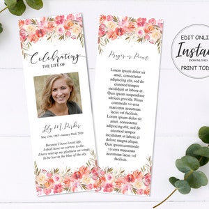 Pink Floral Funeral Bookmarks | Funeral Keepsake | Celebration of Life | Funeral Favors | A104