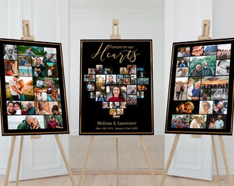 Heart Funeral Photo Collage Sign Set Template | Black and Gold Memorial Posterl | Funeral Welcome Sign | Celebration of Life Sign |C117