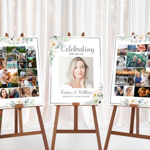 Funeral Poster Photo Display Set | White Roses Memorial Poster for Funeral | FLoral Photo Collage Template | Celebration of Life Sign | E112
