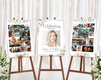Funeral Poster Photo Display Set | White Roses Memorial Poster for Funeral | FLoral Photo Collage Template | Celebration of Life Sign | E112