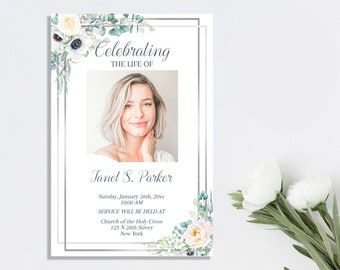 White Roses Funeral Announcement Template | White Floral Obituary Template to Honor Your Loved One | E112