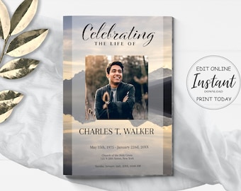 Editable Funeral Program Template for Man | Obituary Template to Honor Your Loved One | Celebration of Life Program Template |  A109