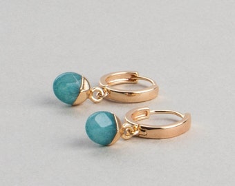 Hoop earrings with natural jade gemstone huggie gold plated faceted