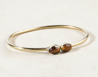 Adjustable bangle with two tiger eyes gold handmade
