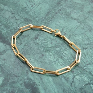 Peut inclure: Un bracelet en chaîne dorée avec un design simple à maillons rectangulaires.