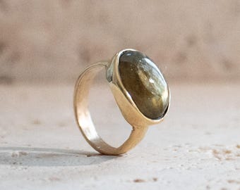 Large labradorite ring with oval stone, gold, handmade