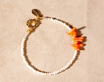 Freshwater pearl coral orange bracelet gold plated handmade