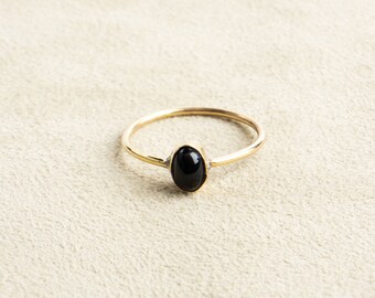 Black oval dainty onyx ring gold