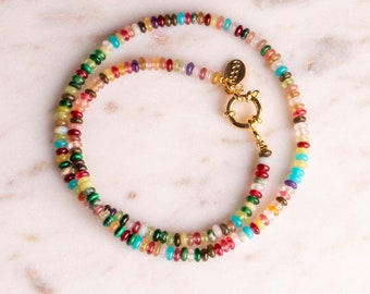 Perlenkette bunt Regenbogen runde Edelsteine gold oder silber handgemacht