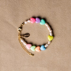 Pearl bracelet colorful hearts rainbow gold plated freshwater pearls playful