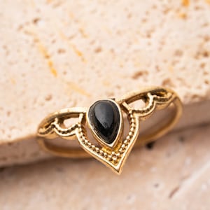 Tiara crown ring made of brass in gold – handmade ring with black onyx and lace