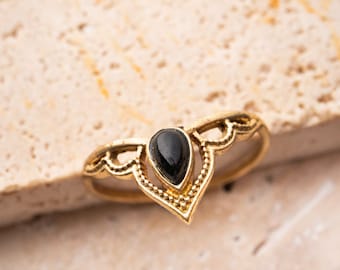 Tiara Crown Ring with Black Onyx Lace Gold Handmade