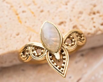 Tiara Crown Ring with Eye Moonstone Gold Handmade