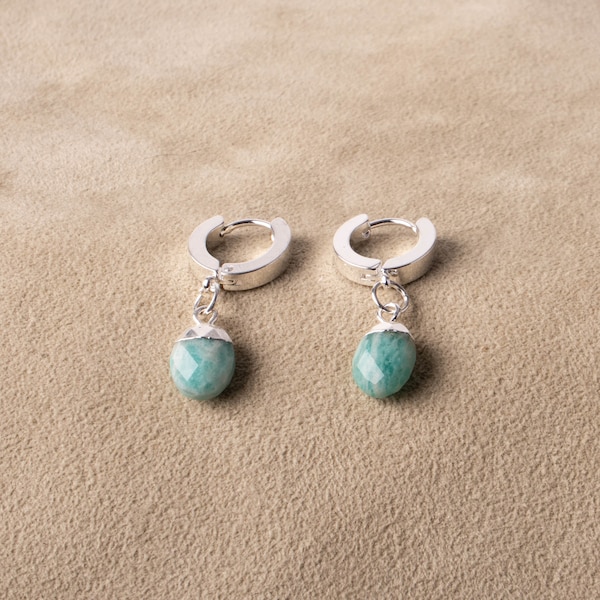 Silver earrings Huggies hoop earrings with aquamarine 925 sterling silver