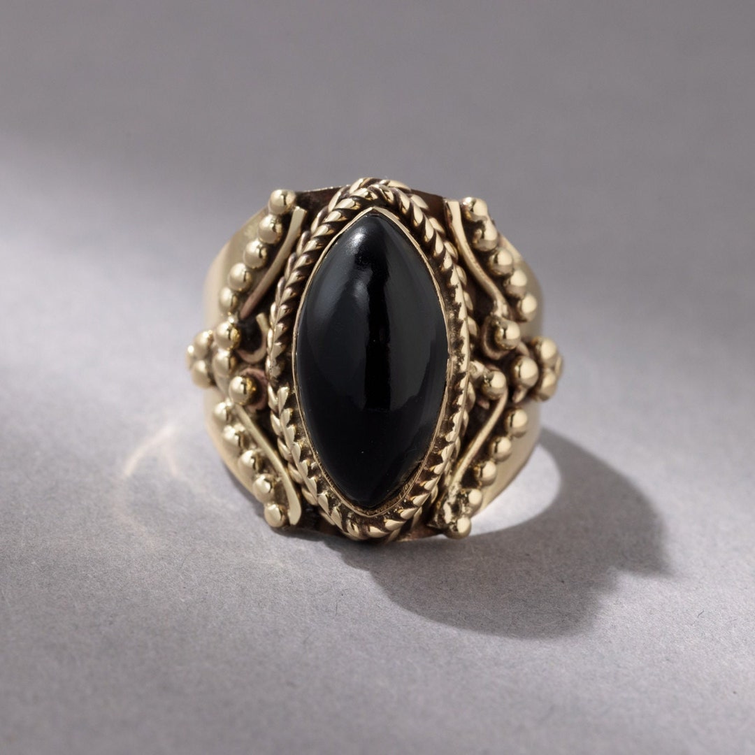 Large Onyx Ring With an Oval Stone Ornate Handmade Etsy