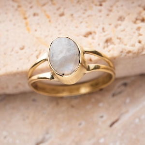 Small moonstone ring made of brass with oval stone gold handmade