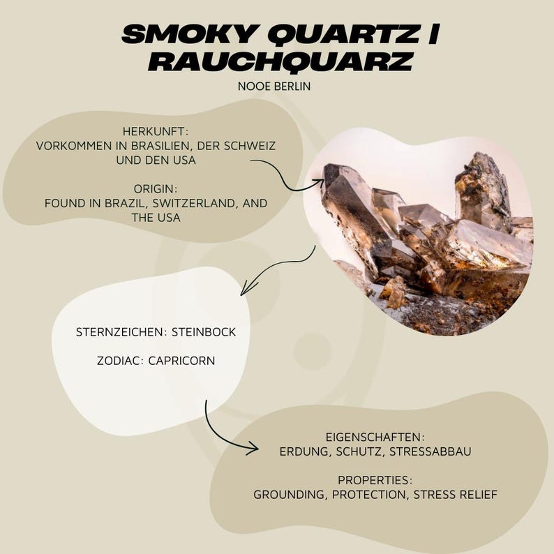 K&ouml;nnte beinhalten: Rauchquarz-Kristallgruppe, auch bekannt als Rauchquarz, in brauner und grauer Farbe. Der Text auf dem Bild lautet "Smoky Quartz I Rauchquarz Nooe Berlin".