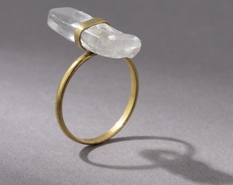 Raw rock crystal quartz ring made of brass gold handmade