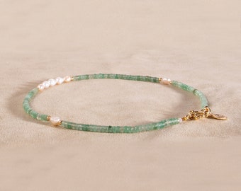 Green necklace aventurine with freshwater pearls, gold-plated, handmade