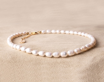Perlenkette Choker Unisex - Kette mit Süßwassserperlen gold handgemacht - Geschenk