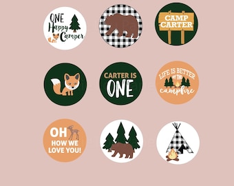 ONE HAPPY CAMPER First Birthday Printable Cupcake Toppers - Digital Download - 1st Birthday Party - Boy's Birthday -Forest Buffalo Check