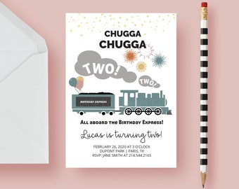 CHUGGA CHUGGA TWO Two Train 2nd Birthday Invitation-digital download-Train Party-Muted Earthy Choo Choo Train-Steam Engine-Boys Birthday