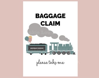 Baggage Claim Party Favor Sign - CHUGGA CHUGGA TWO Two Train Birthday-digital download-Train Party-Muted Earthy Choo Choo Train-Steam Engine
