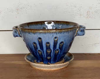 Handmade berry bowl with handles and matching dish, wheel thrown stoneware pottery, ceramic colander, drippy glaze#11