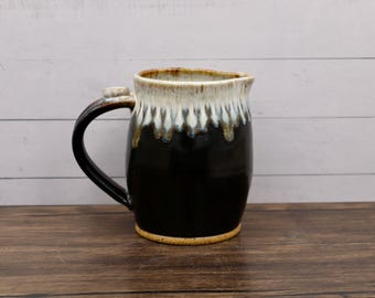 Small pitcher, handmade stoneware, carved design, cream/syrup  pitcher, sauce boat, drippy glaze, 14 oz capacity