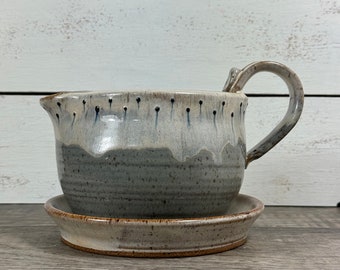 Gravy boat with saucer, handmade stoneware, carved design, sauce boat, drippy glaze, 3cup capacity#4