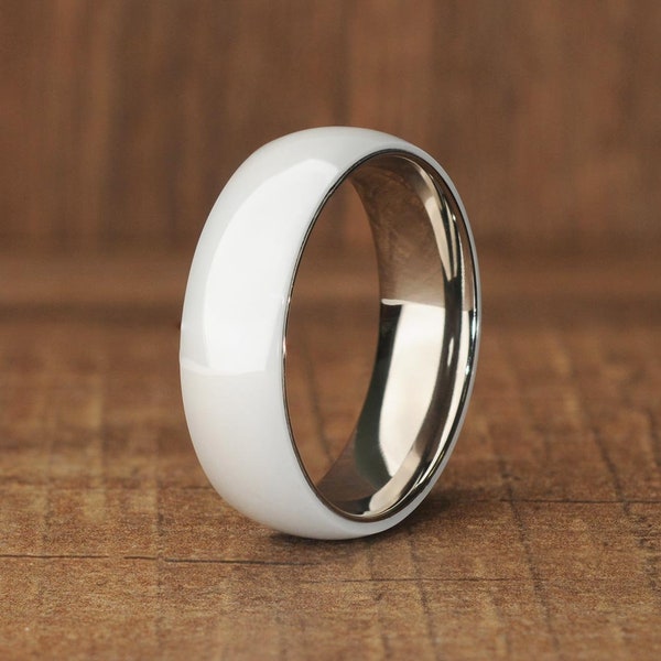 White Ceramic Mens Womens Wedding Ring Polished Silver Titanium Comfort Fit Band Gem Foundry