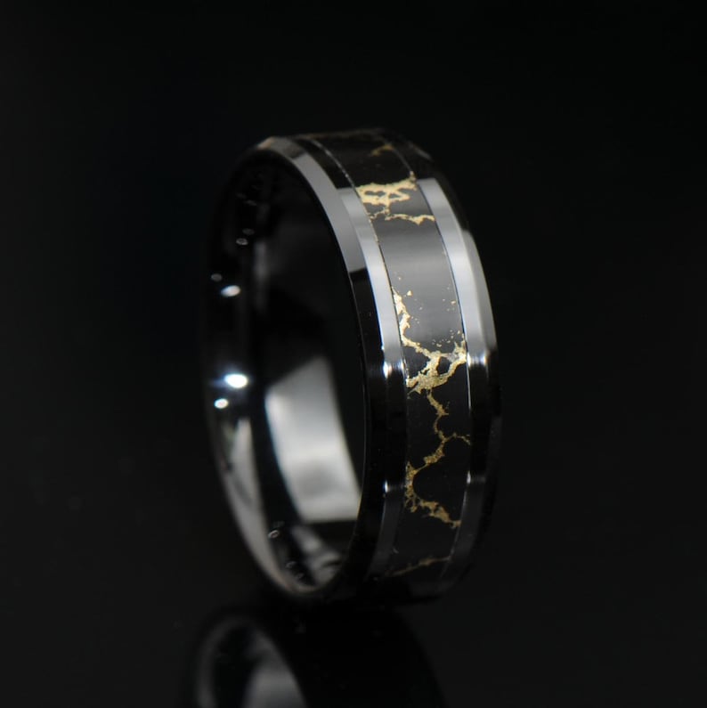 Black Onyx Gold Vein Mens Wedding Ring Polished Black Ceramic Etsy