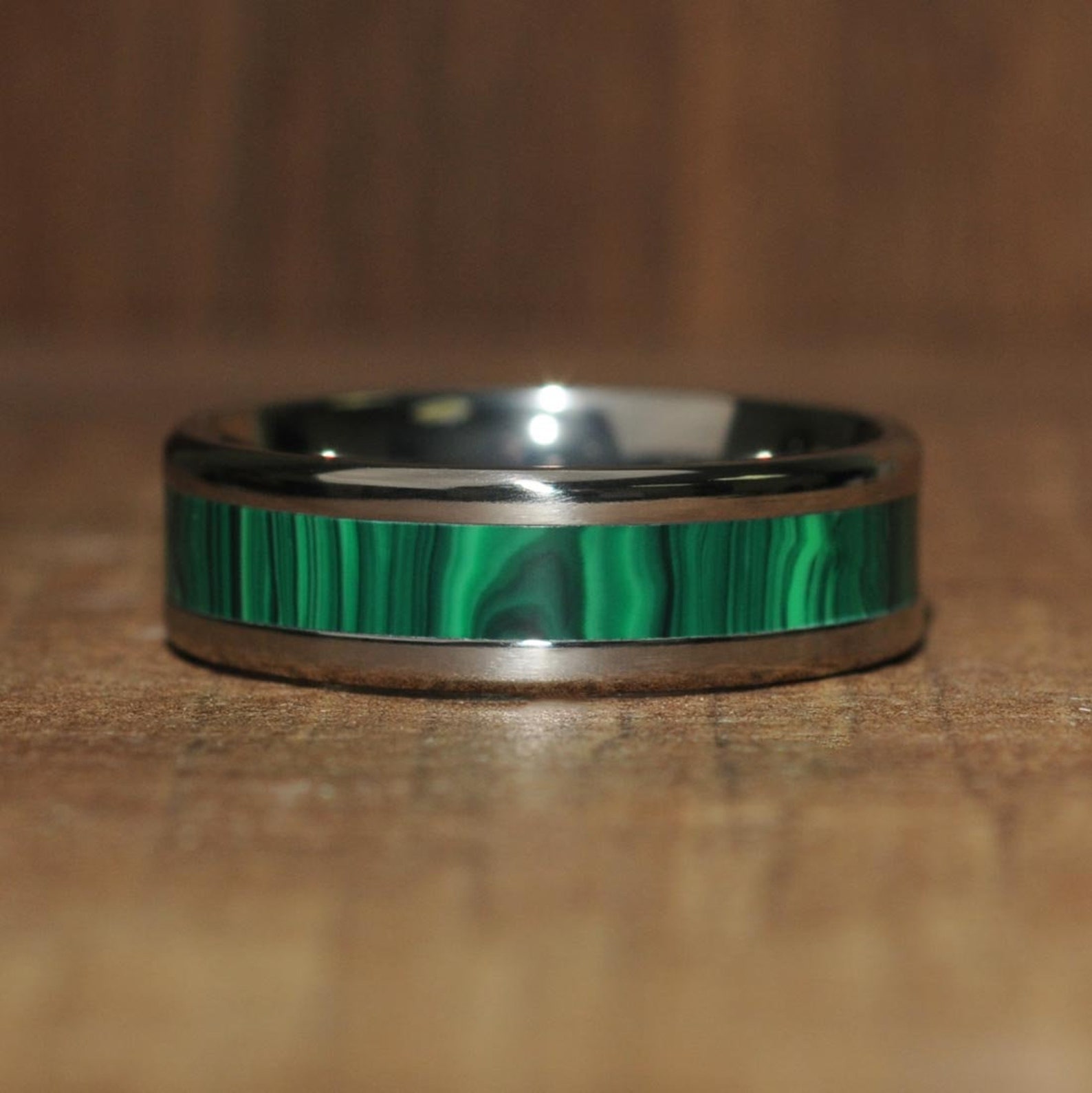 Green Banded Malachite Mens Wedding Ring Polished Silver Etsy