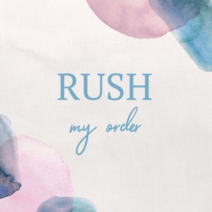 May include: A pale background with pink and blue watercolour splashes. The text "RUSH my order" is displayed in a soft blue, with "RUSH" in a bold font and "my order" in a script font. The image has a soft, artistic feel.