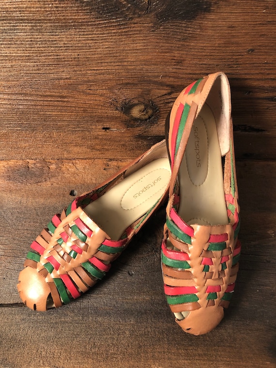 Vtg Mexican Huarache Sandals- Pink, Green and Brow