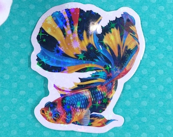 2in Holographic Star Marble Koi Swimming Betta Fish Sticker, Betta Fish Gift, Water Bottle Sticker, Laptop Sticker, Aquarium Fish Tank Decor