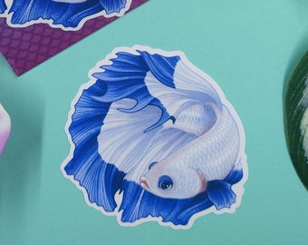 3in Glossy Blue Rim Halfmoon Betta Fish Sticker - Cadeau pour les amateurs de poisson betta, Scrapbook, Journal, Planificateur, Ordinateur portable, Téléphone, iPad, Aquarium