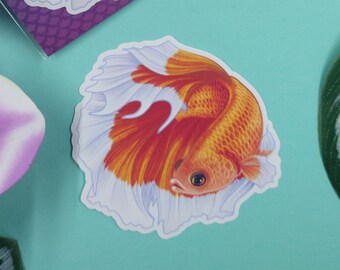 3in Glossy Orange Halfmoon Butterfly Betta Fish Sticker - Gift for betta fish lover, Scrapbook, Journal, Planner, Laptop, Phone, iPad