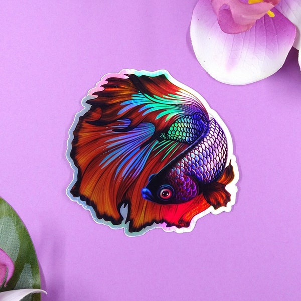 3in Vinyl Holographic Blue Red Bicolor Betta Fish Sticker - Gift for betta fish lover, Water Bottle Sticker, Vinyl Sticker, Laptop Sticker