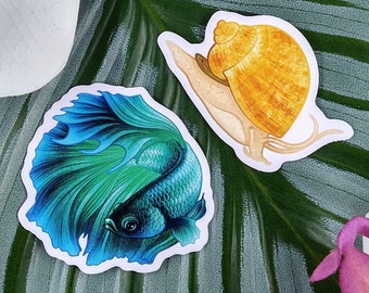 2in Vinyl Sticker Pack, Betta Fish Sticker, Snail Sticker, Waterproof Sticker, Water Bottle Sticker, Betta Fish Gift, Cute Fish Tank Decor