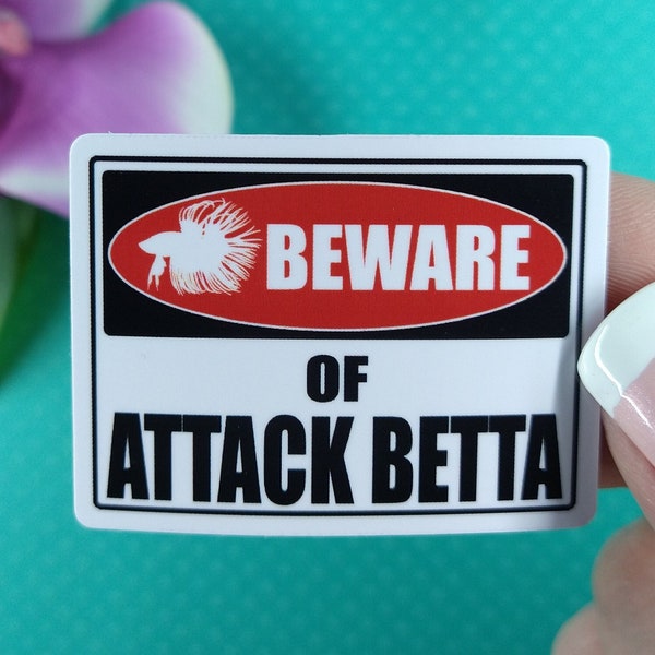 2in Beware of Attack Betta Fish Sticker Crowntail, Warning Sign, Caution Sign, Vinyl Sticker, Water Bottle Sticker, Aquarium Fish Tank Decor