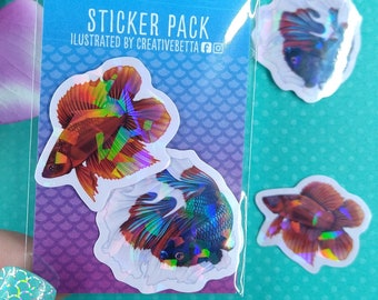 Betta Fish Sticker Pack, Holographic Sticker, Fish Gift, Mini Sticker, Water Bottle Sticker, Hydroflask Sticker, Laptop Decal, Phone Sticker