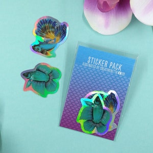 1.5in Rainbow Holographic Vinyl Betta Fish Sticker Pack - Gift for Betta Fish Lover, Betta Lover, Waterproof Sticker, Holographic Sticker