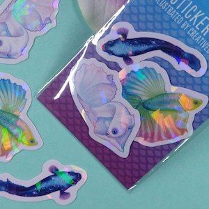 1.5in Holographic Shard Vinyl Betta Fish Sticker Pack - Gift for Betta Fish Lover, Waterproof Sticker, Galaxy Betta, Rainbow Fish, Opal