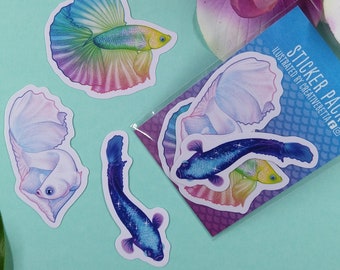 2in Vinyl Betta Fish Sticker Pack - Gift for Betta Fish Lover, Waterproof Sticker, Galaxy Betta, Rainbow Fish, Opal, Laptop Decal, Phone