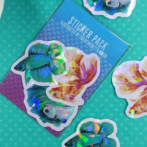 Betta Fish Sticker Pack, Holographic Sticker, Fish Gift, Mini Sticker, Water Bottle Sticker, Hydroflask Sticker, Laptop Decal, Phone Sticker